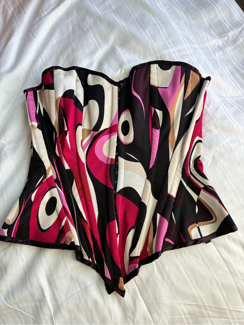 Abstract Print Strapless Bustier Corset Top in Pink and Black